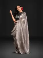 Metallic Silver Pure Tissue Silk Saree - Image 4