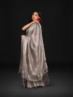 Metallic Silver Pure Tissue Silk Saree - Image 2