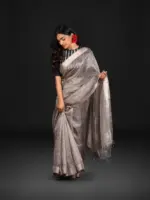 Metallic Silver Pure Tissue Silk Saree - Image 3