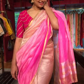 Ombre Pink Chiniya Silk Saree with Gold Resham Zari Weaves