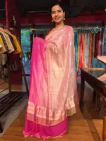 Ombre Pink Chiniya Silk Saree with Gold Resham Zari Weaves - Image 3