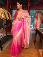 Ombre Pink Chiniya Silk Saree with Gold Resham Zari Weaves - Image 5