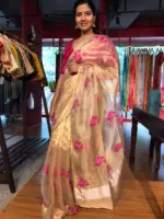 Gold Tissue Silk Saree highlighted with Beautiful cross stitch embroidery - Image 3