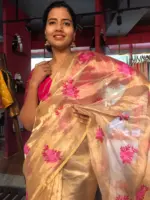 Gold Tissue Silk Saree highlighted with Beautiful cross stitch embroidery