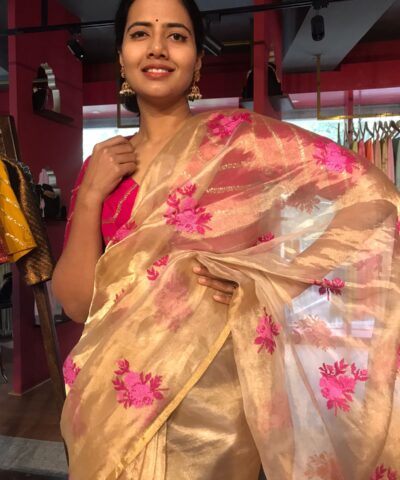 Gold Tissue Silk Saree highlighted with Beautiful cross stitch embroidery