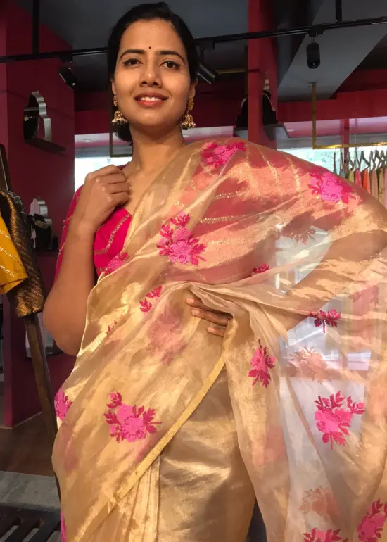 Gold Tissue Silk Saree highlighted with Beautiful cross stitch embroidery