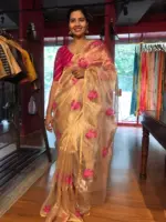 Gold Tissue Silk Saree highlighted with Beautiful cross stitch embroidery - Image 4