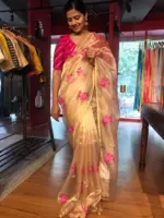Gold Tissue Silk Saree highlighted with Beautiful cross stitch embroidery - Image 2