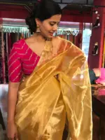Golden Yellow Tissue Silk Saree with Gold Zari piping - Image 5
