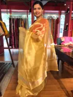 Golden Yellow Tissue Silk Saree with Gold Zari piping - Image 2