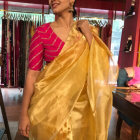 Golden Yellow Tissue Silk Saree with Gold Zari piping