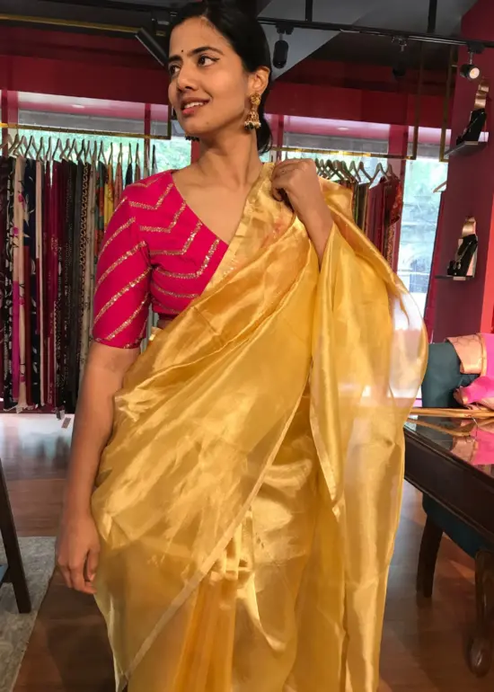 Golden Yellow Tissue Silk Saree with Gold Zari piping