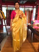 Golden Yellow Tissue Silk Saree with Gold Zari piping - Image 3