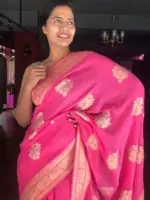 Pink Banarasi Georgette Silk Saree highlighted with Zari Buttas