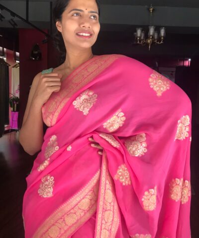 Pink Banarasi Georgette Silk Saree highlighted with Zari Buttas