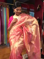 Ombre Pink Tissue Silk Saree with Gold Zari piping - Image 6