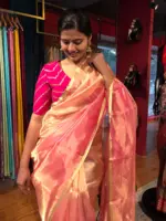 Ombre Pink Tissue Silk Saree with Gold Zari piping