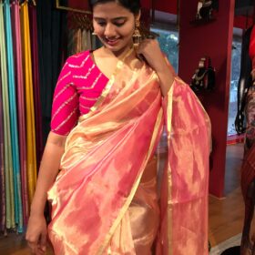 Ombre Pink Tissue Silk Saree with Gold Zari piping