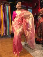 Ombre Pink Tissue Silk Saree with Gold Zari piping - Image 4