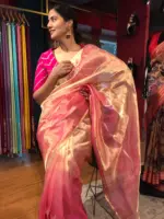 Ombre Pink Tissue Silk Saree with Gold Zari piping - Image 2
