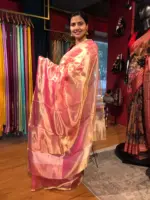 Ombre Pink Tissue Silk Saree with Gold Zari piping - Image 3