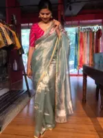 Arctic Blue Tissue Silk Saree with Gold Zari piping - Image 6