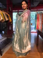 Arctic Blue Tissue Silk Saree with Gold Zari piping - Image 2