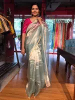 Arctic Blue Tissue Silk Saree with Gold Zari piping - Image 5