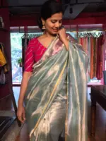 Arctic Blue Tissue Silk Saree with Gold Zari piping - Image 4