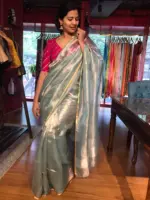 Arctic Blue Tissue Silk Saree with Gold Zari piping - Image 3
