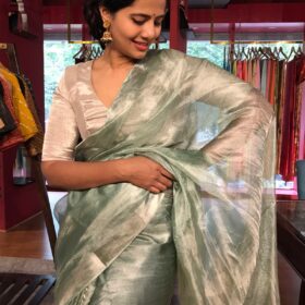 Sea Green Tussar Tissue Silk Saree