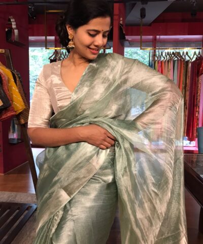 Sea Green Tussar Tissue Silk Saree