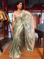 Sea Green Tussar Tissue Silk Saree - Image 3