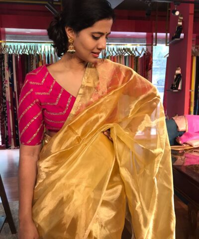 Yellow Tissue Silk Saree with Gold Zari piping