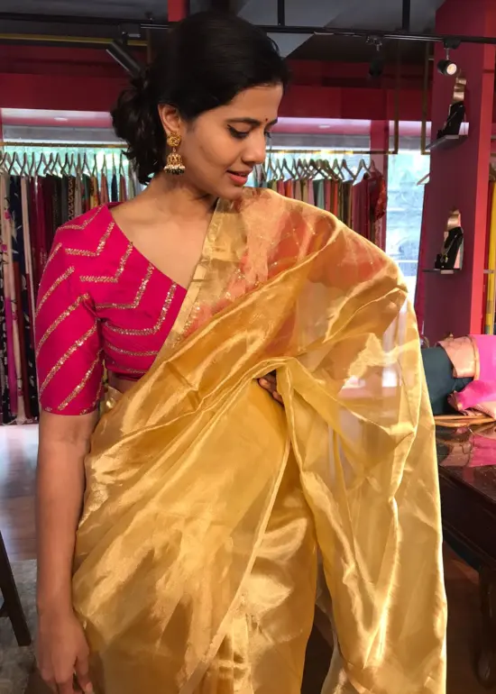 Yellow Tissue Silk Saree with Gold Zari piping
