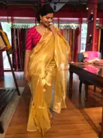 Yellow Tissue Silk Saree with Gold Zari piping - Image 5