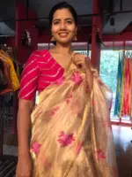 Gold Tissue Silk Saree highlighted with cross stitch embroidery - Image 3