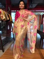Gold Tissue Silk Saree highlighted with cross stitch embroidery - Image 2