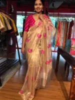 Gold Tissue Silk Saree highlighted with cross stitch embroidery - Image 4
