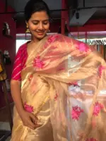 Gold Tissue Silk Saree highlighted with cross stitch embroidery
