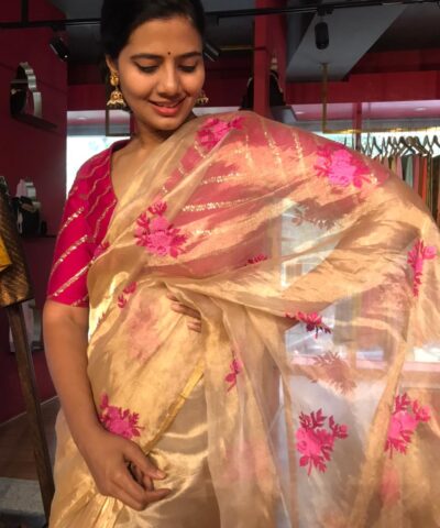 Gold Tissue Silk Saree highlighted with cross stitch embroidery