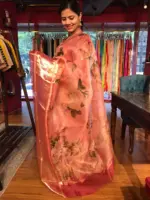 Peach Printed Organza Silk Saree highlighted with Kanchi Zari Border - Image 3