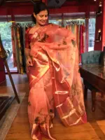 Peach Printed Organza Silk Saree highlighted with Kanchi Zari Border - Image 7