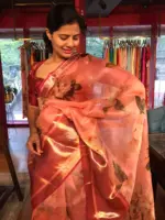 Peach Printed Organza Silk Saree highlighted with Kanchi Zari Border - Image 6