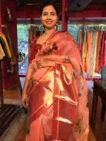 Peach Printed Organza Silk Saree highlighted with Kanchi Zari Border - Image 4