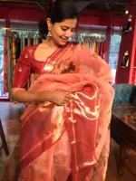 Peach Printed Organza Silk Saree highlighted with Kanchi Zari Border - Image 5
