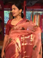 Peach Printed Organza Silk Saree highlighted with Kanchi Zari Border