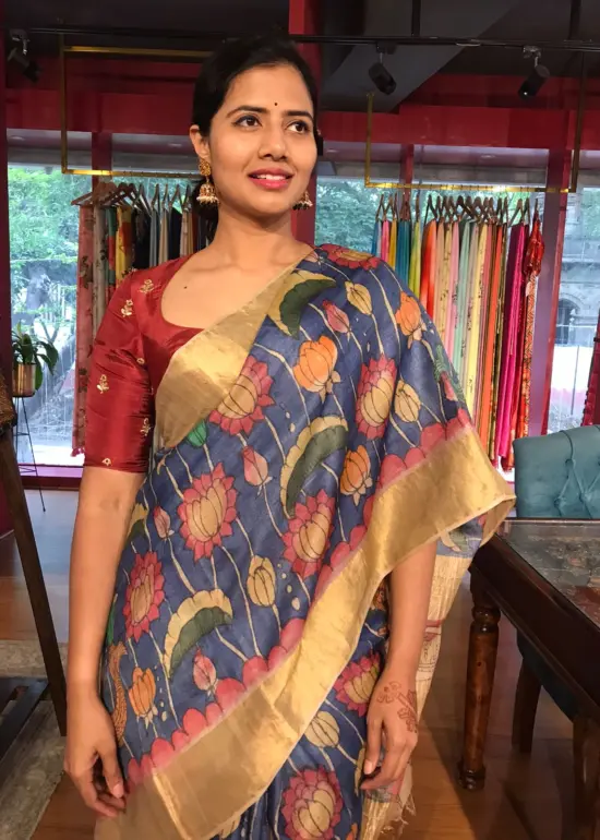 Blue Pen Kalamkari Tussar Silk Saree