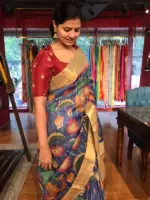 Blue Pen Kalamkari Tussar Silk Saree - Image 2