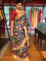 Blue Pen Kalamkari Tussar Silk Saree - Image 7